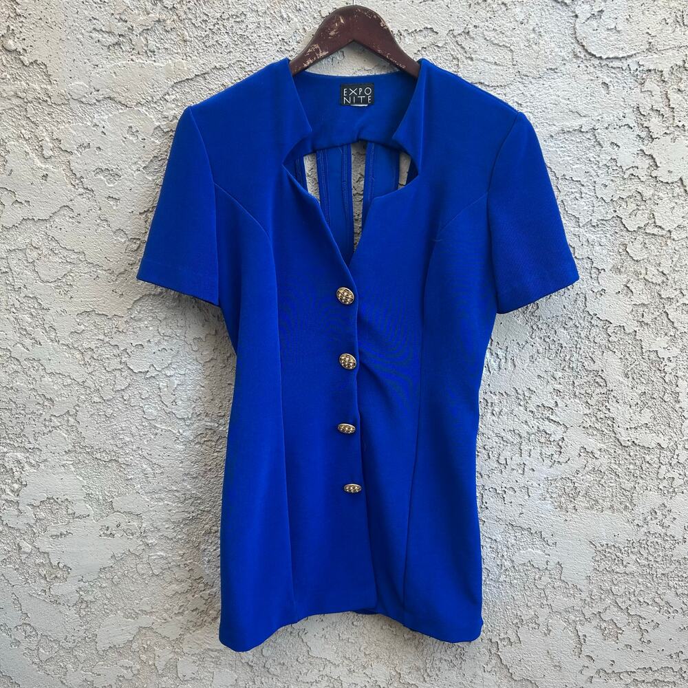 Vintage Expo Nite Cobalt Blue Cutout Back Button Front Dress Size Womens Small